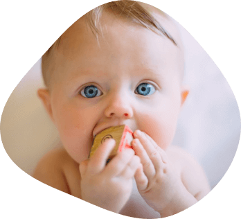 Baby with blue eyes chewing on wooden block